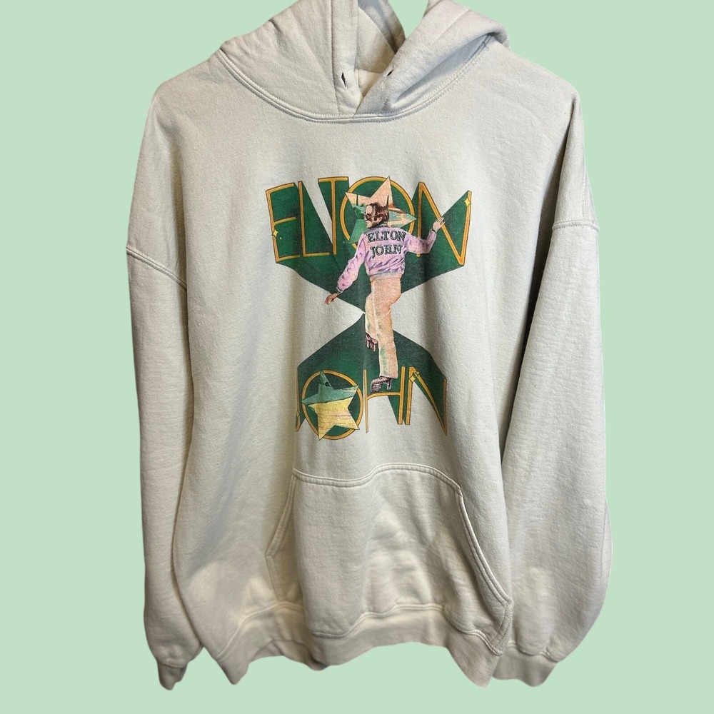Elton John Hoodie Mens Large Tan Farewell Yellow Brick Road Tour 2022 Graphic L